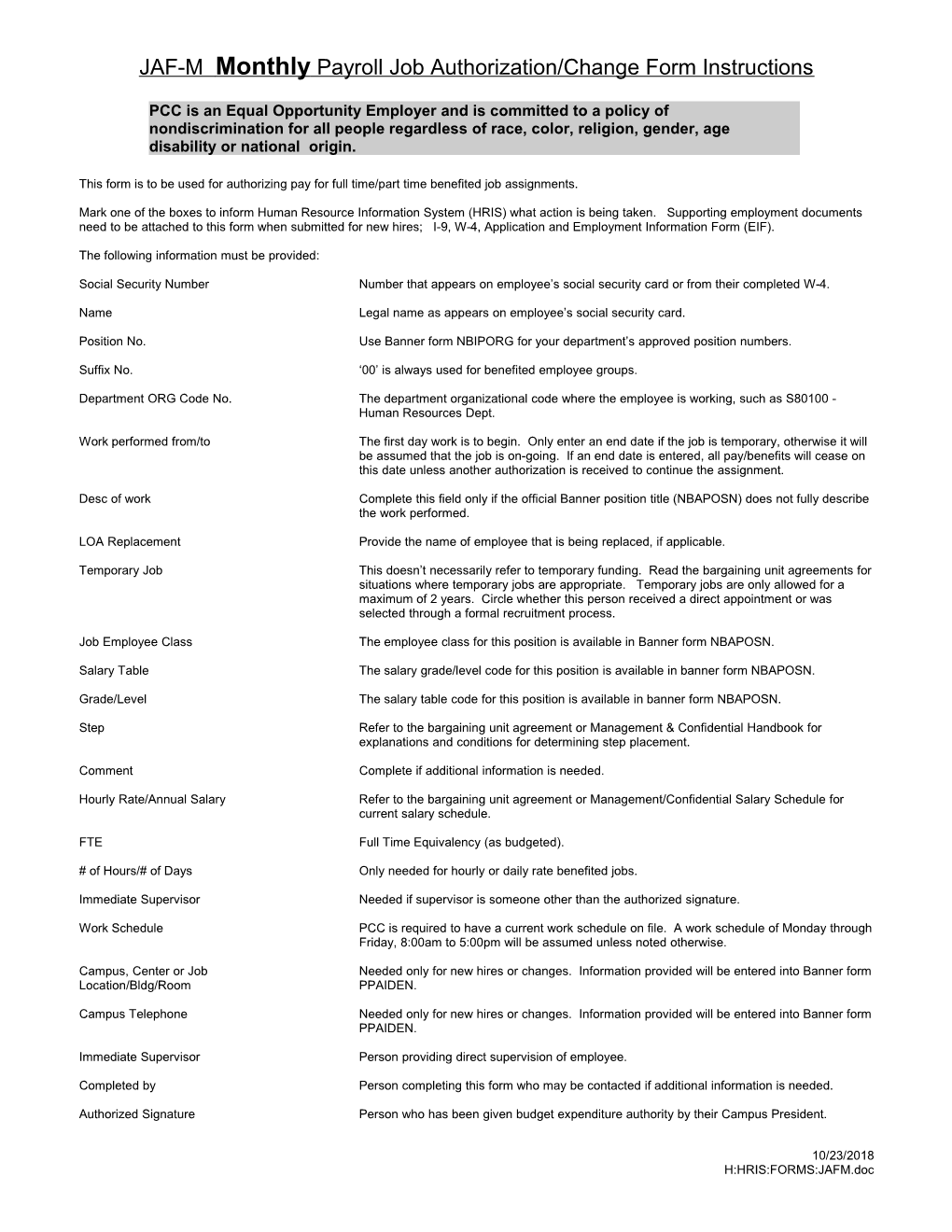 JAF-M Monthly Payroll Job Authorization/Change Form Instructions