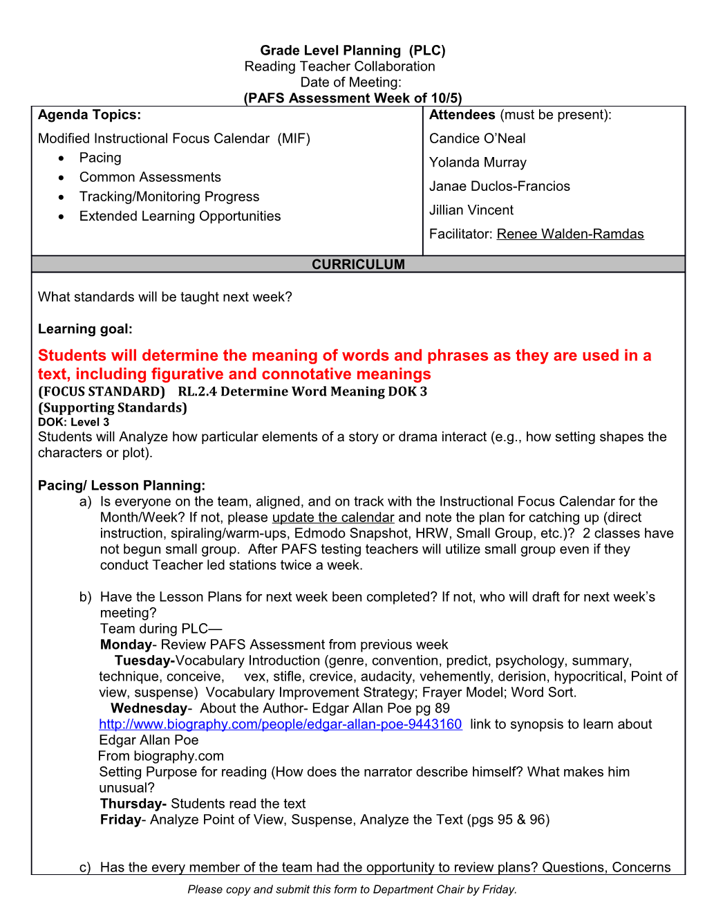 Grade Level Planning (PLC)