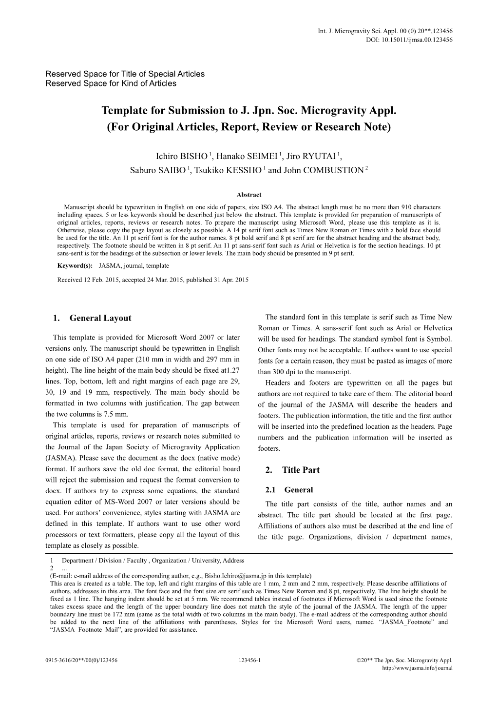 Template for Submission to J. Jpn. Soc. Microgravity Appl