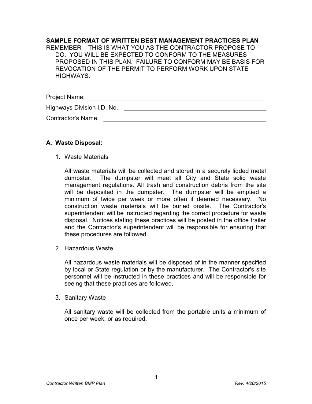 Sample Format of Best Management Practices Plan