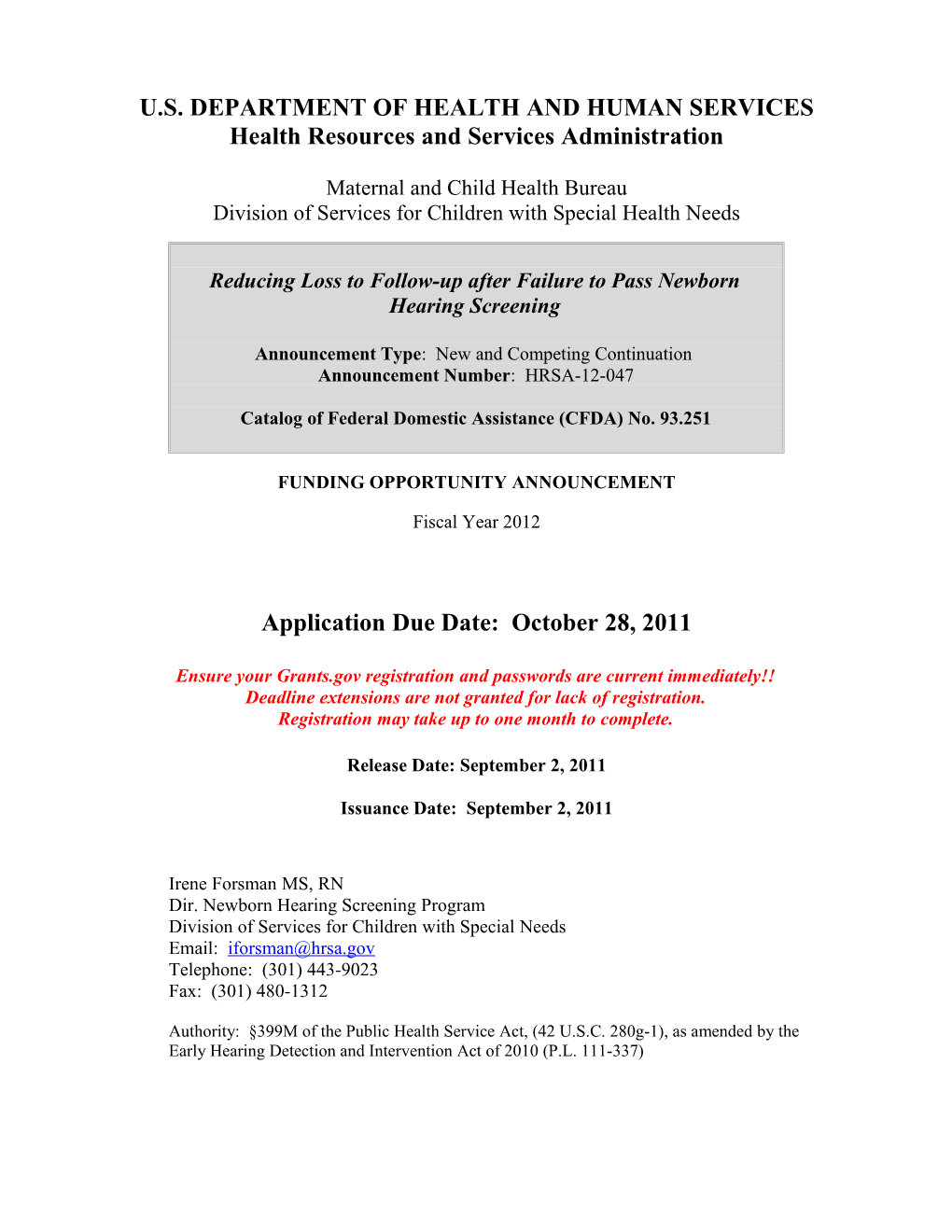 Funding Opportunity Announcement HRSA-11-038