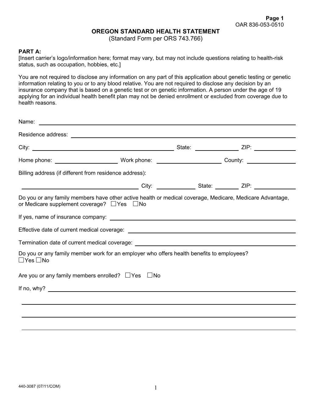 Form 3087 - Oregon Standard Health Statement (Standard Form Per ORS 743.766), Exhibit 1