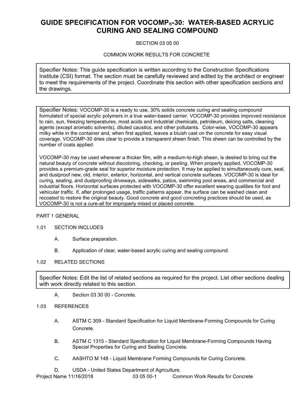 Guide Specification for Vocomp -30: Water-Based Acrylic Curing and Sealing Compound