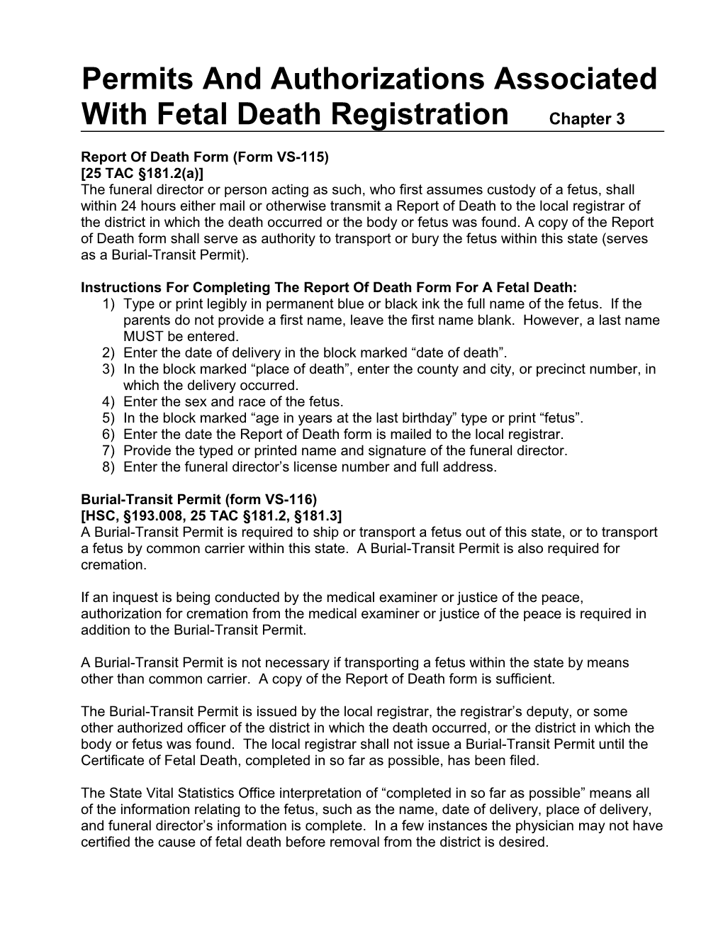 Permits and Authorizations Associated with Fetal Death Registration Chapter 3