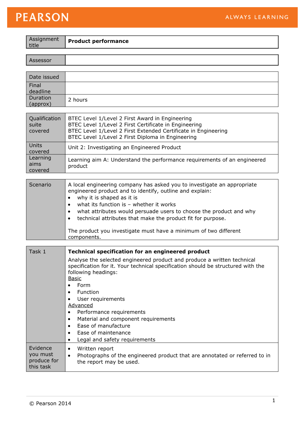 Unit 2: Investigating an Engineering Product - Authorised Assignment Brief for Learning