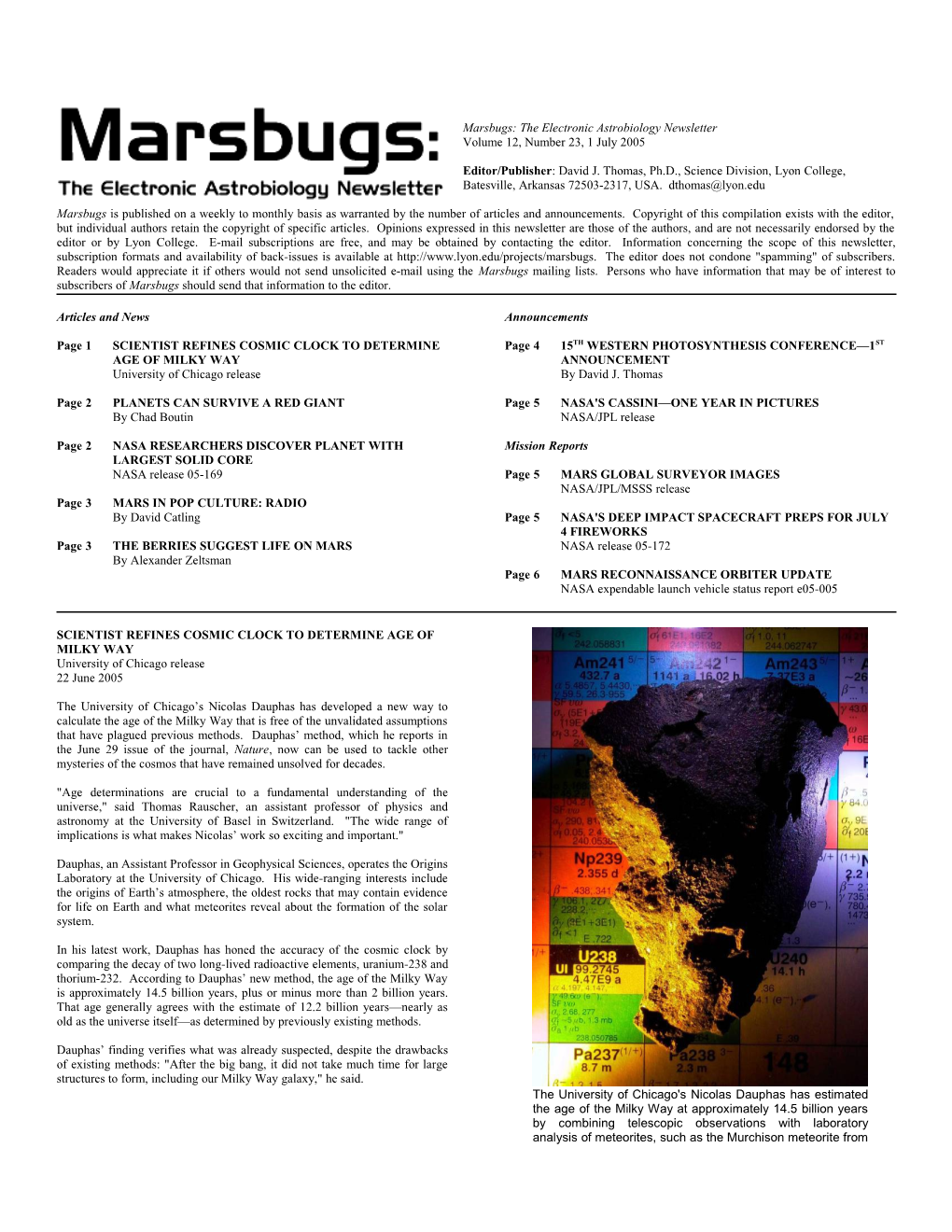 Marsbugs: the Electronic Astrobiology Newsletter , Volume 12, Number 23, 1 July 2005