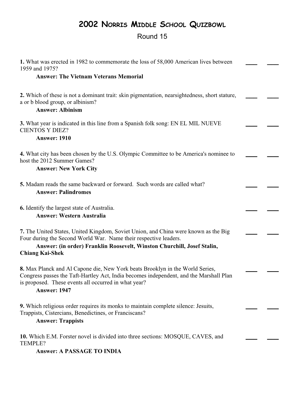 Norrismiddle School Quizbowl 1Question Set 15