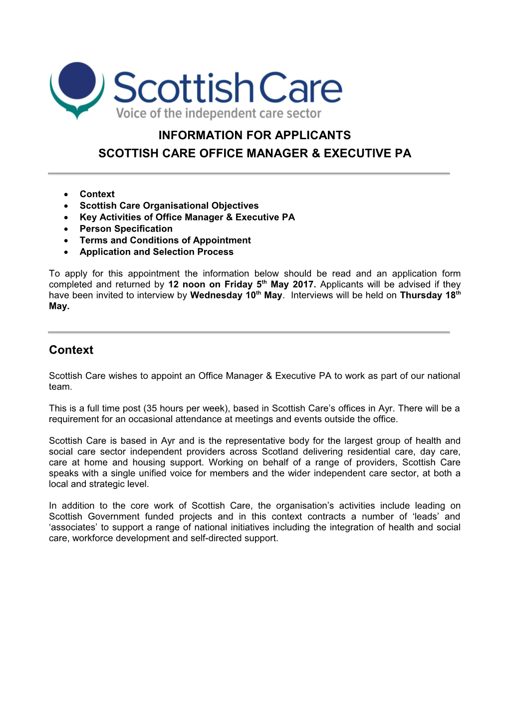 Scottish Care Office Manager & Executive Pa