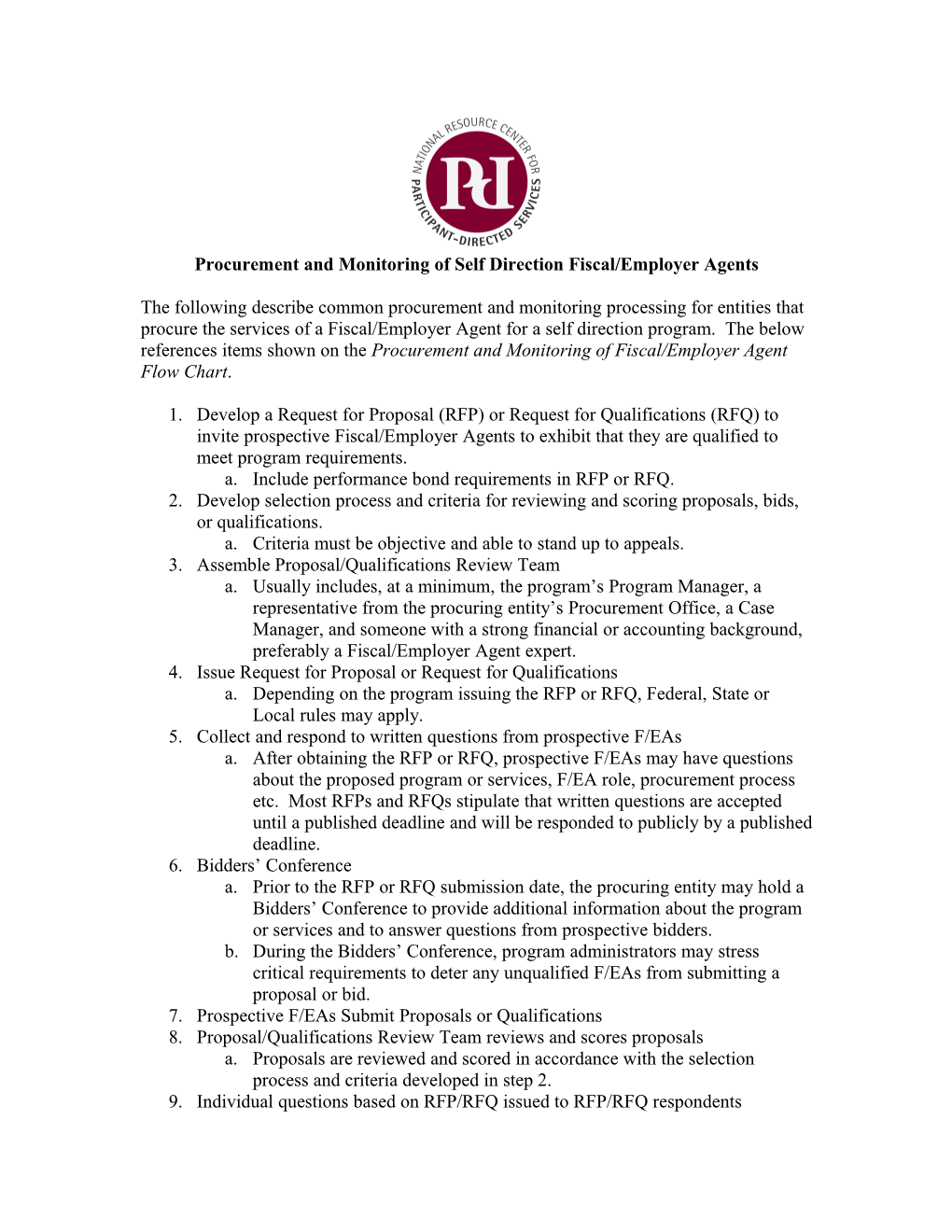 Procurement and Monitoring of Self Direction Fiscal/Employer Agents