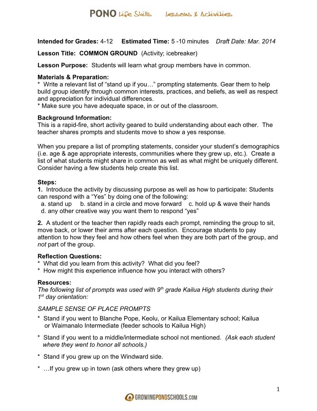 Lesson Title: COMMON GROUND (Activity; Icebreaker)