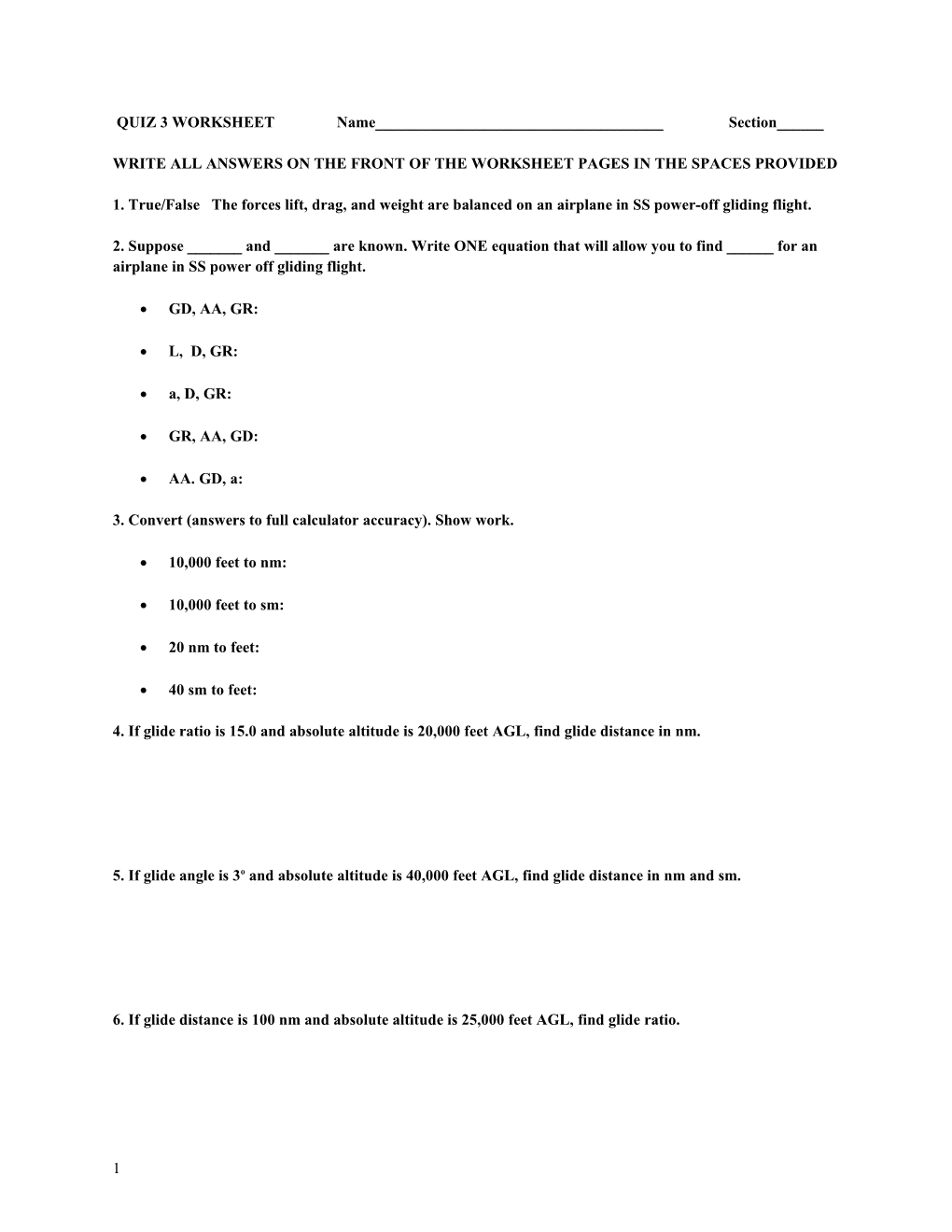 Write All Answers on the Front of the Worksheet Pages in the Spaces Provided