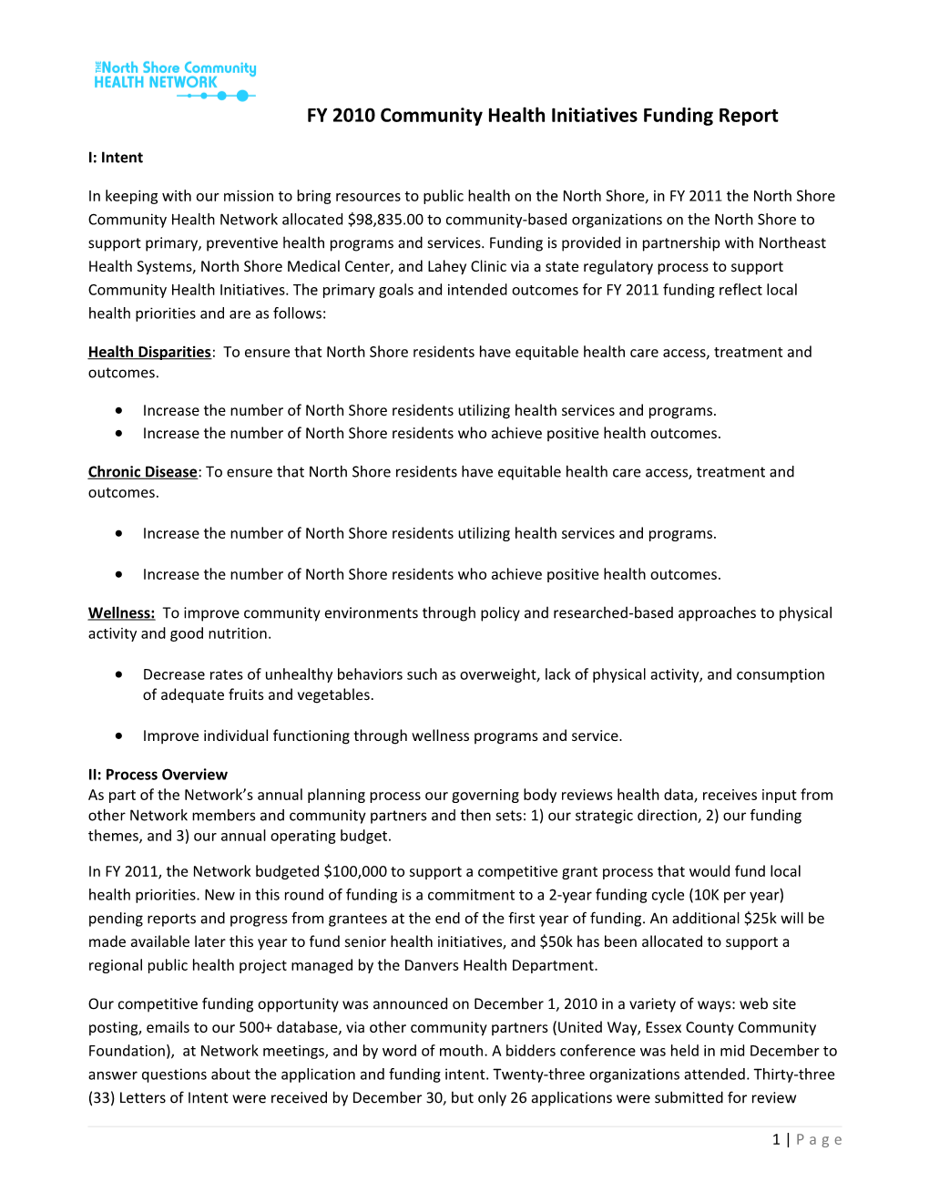 FY 2010 Community Health Initiatives Funding Report