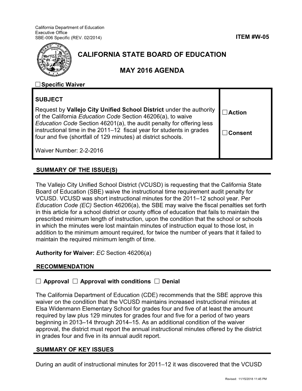 May 2016 Waiver Item W-05 - Meeting Agendas (CA State Board of Education)