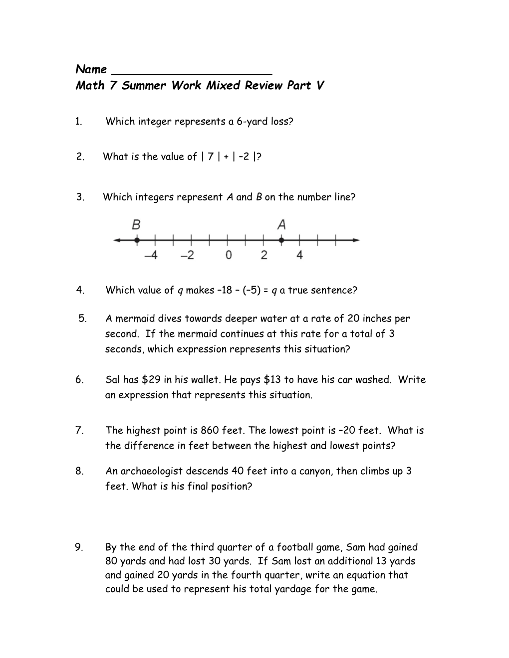 Math 7 Summer Work Mixed Review Part V