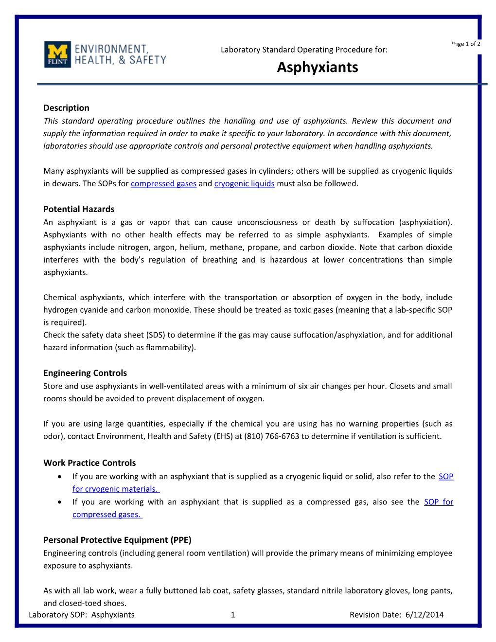 Laboratory SOP: Asphyxiants1revision Date: 6/12/2014