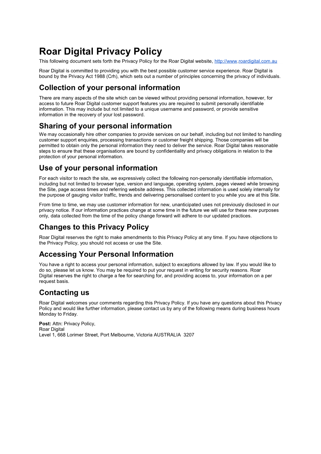 Roar Digital Privacy Policy