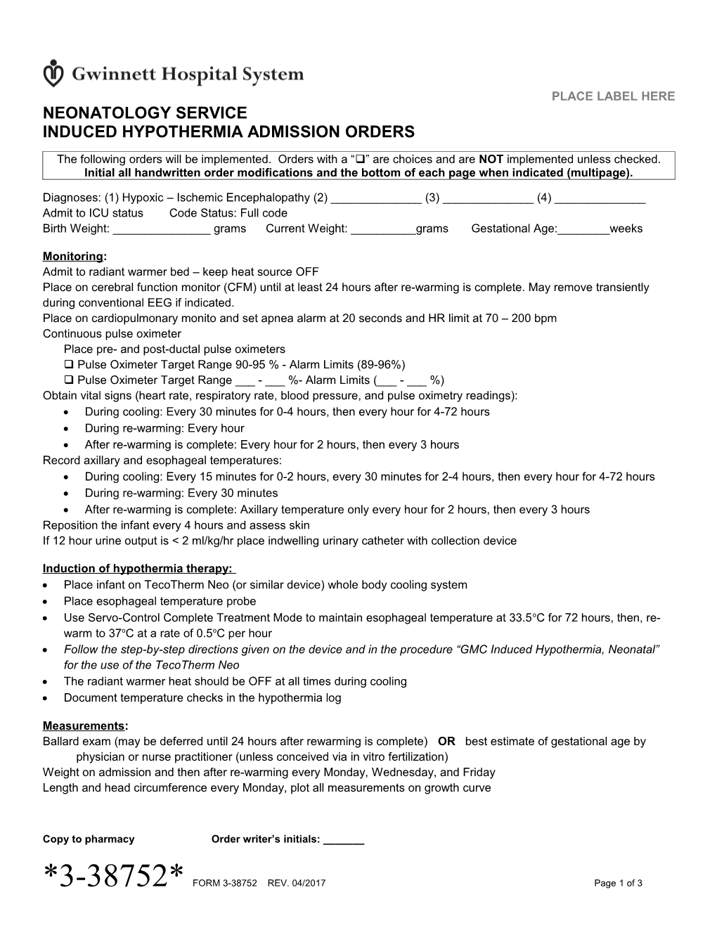 Neonatology Service Induced Hypothermia Admission Orders