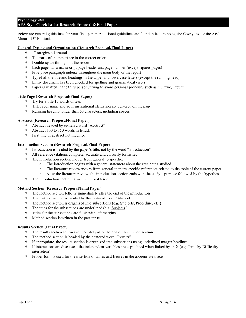 APA Style Checklist for Research Proposal & Final Paper