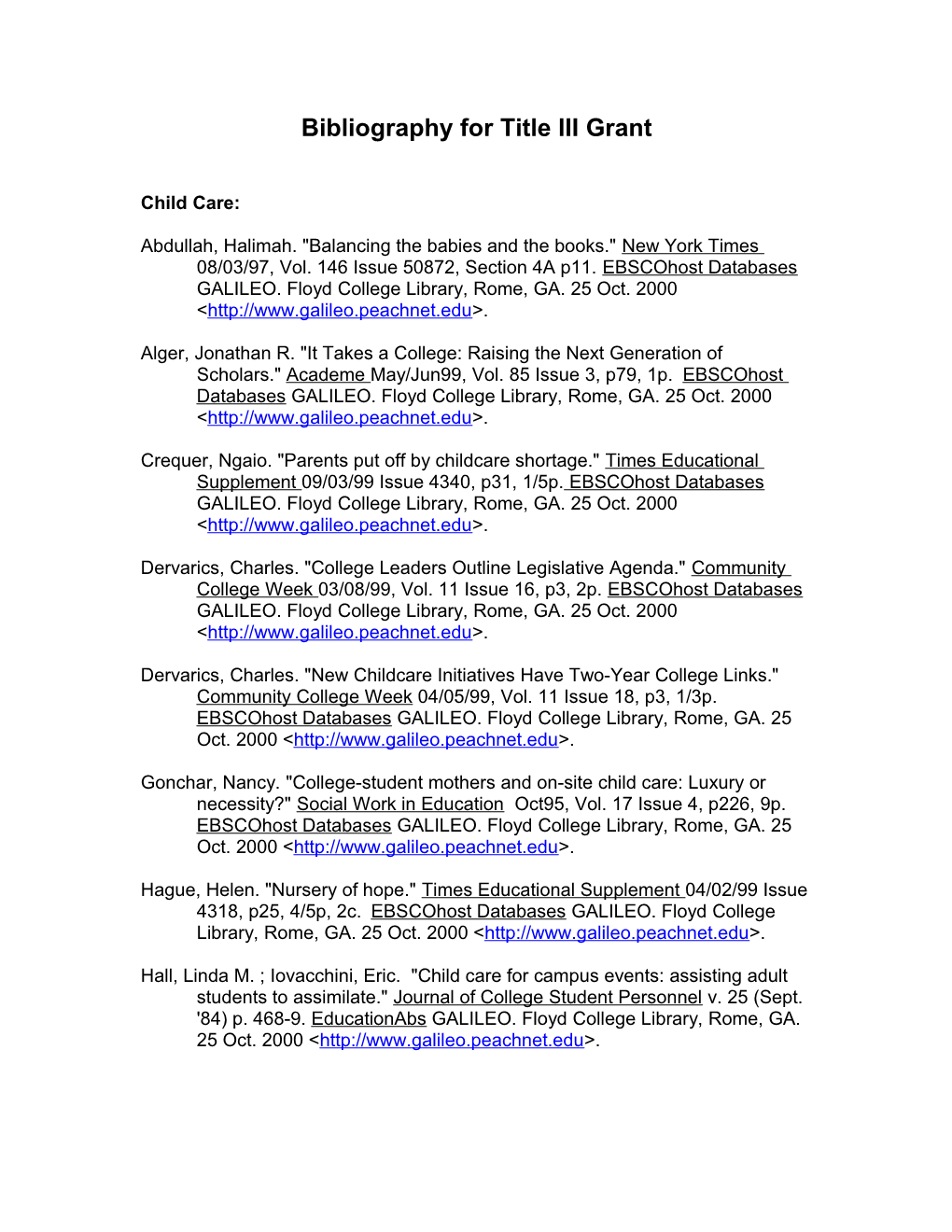 Bibliography for Title III Grant