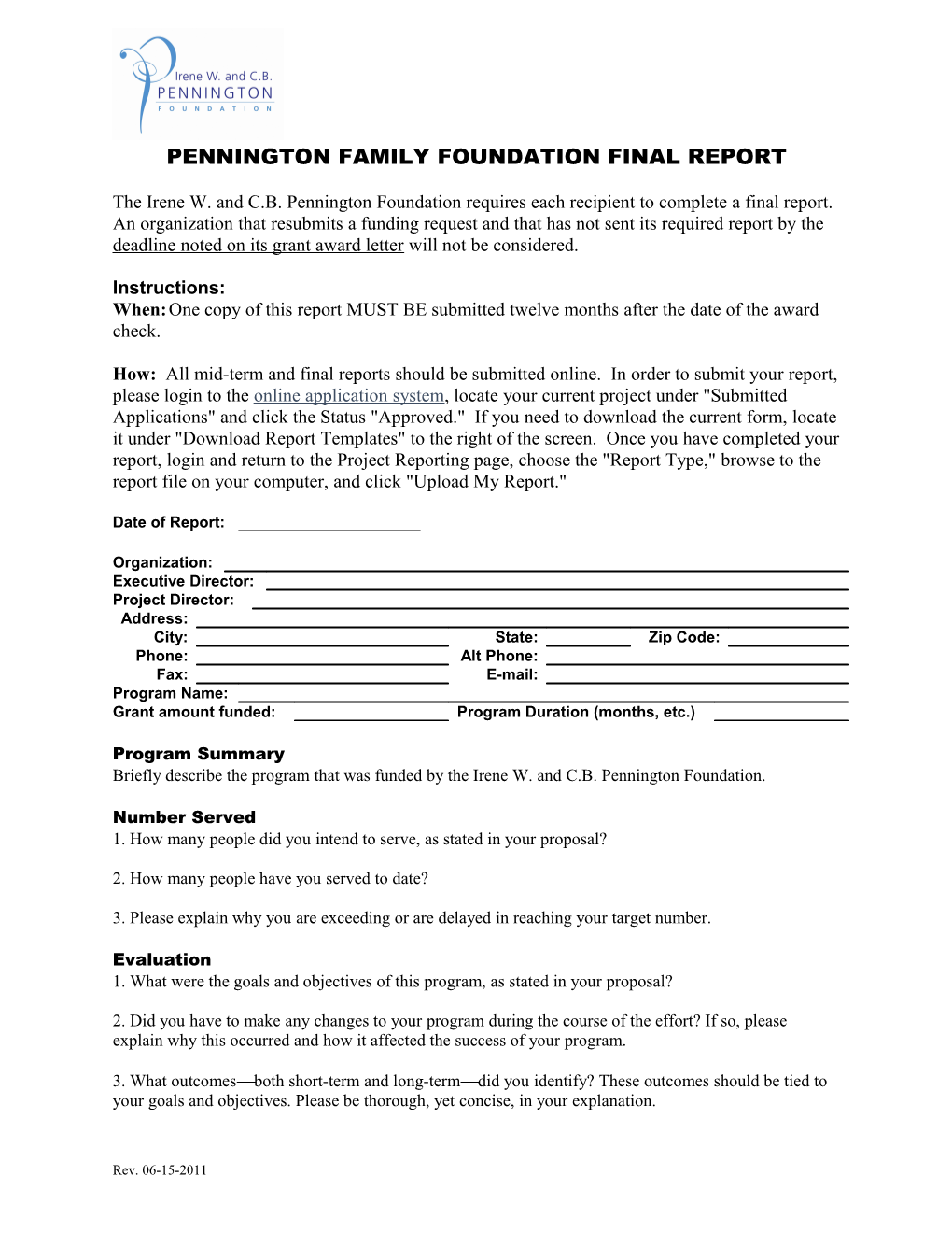 Pennington Family Foundation Final Report