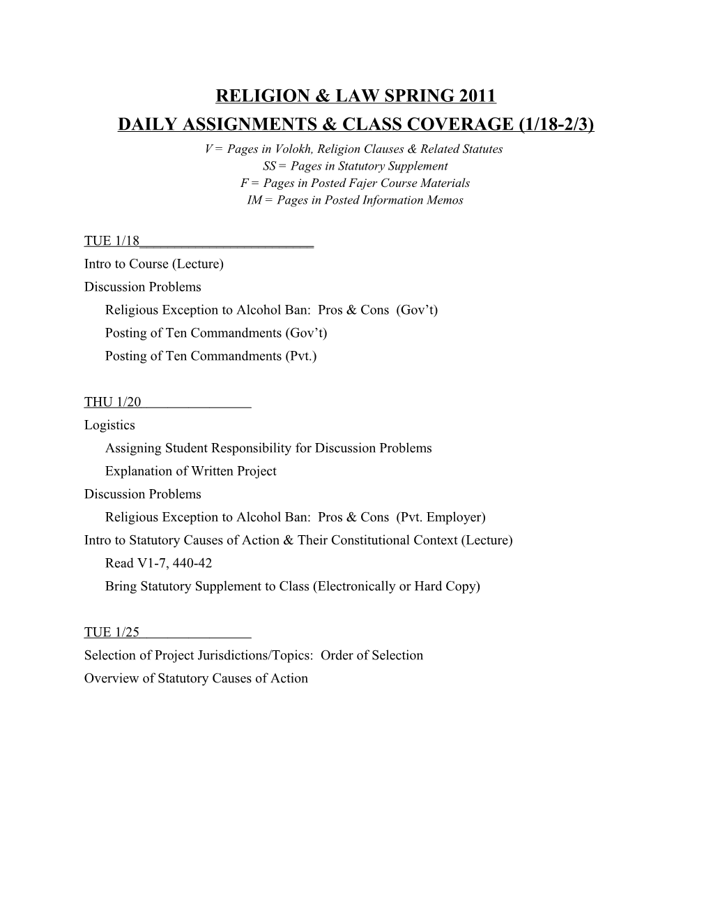 Daily Assignments & Class Coverage (1/18-2/3)