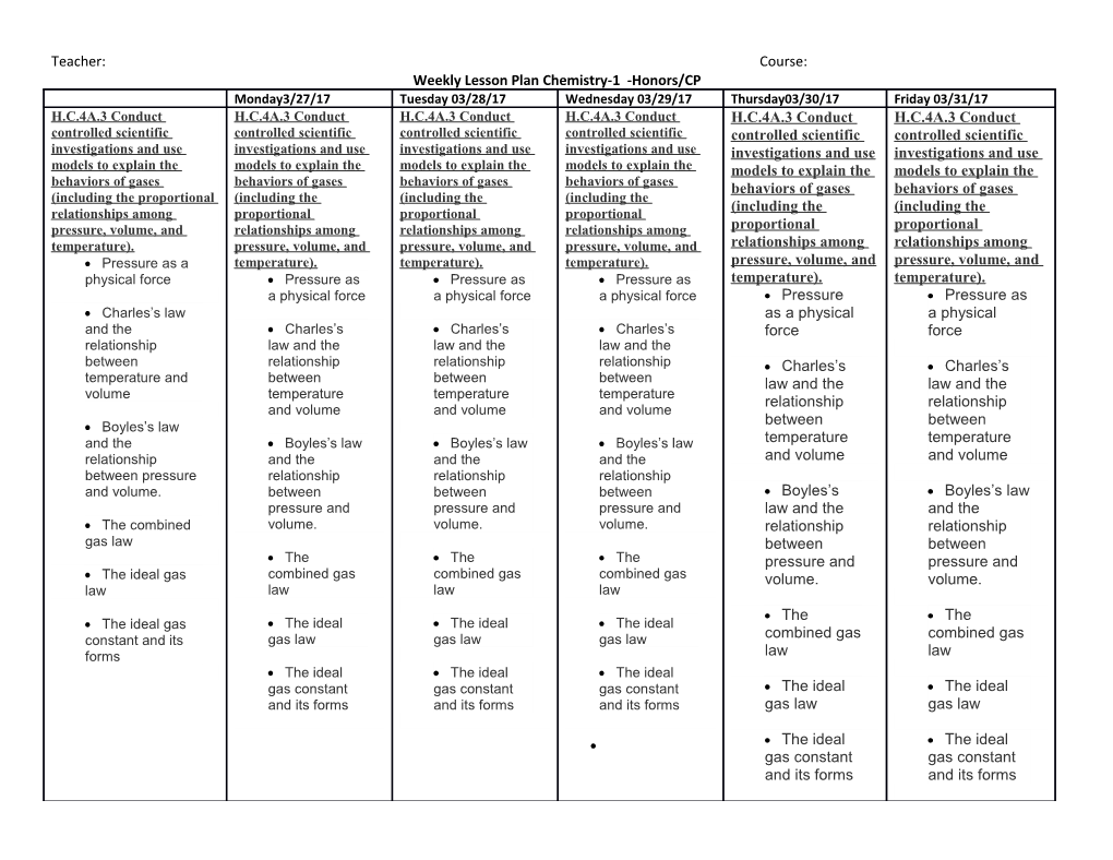 Weekly Lesson Plan Chemistry-1 -Honors/CP