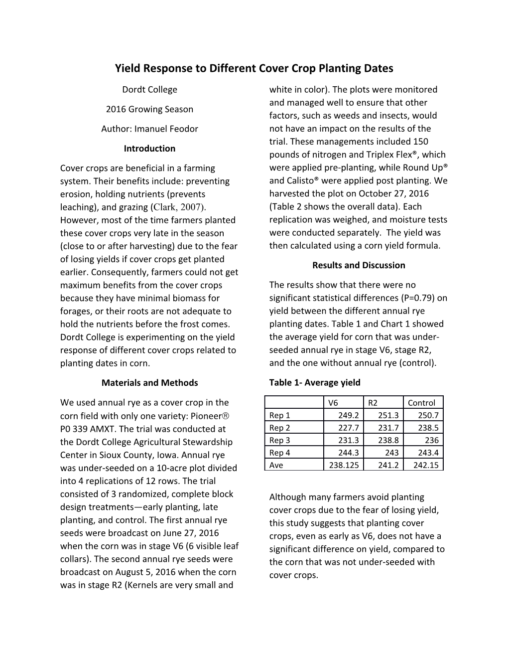 Yield Response to Different Cover Crop Planting Dates