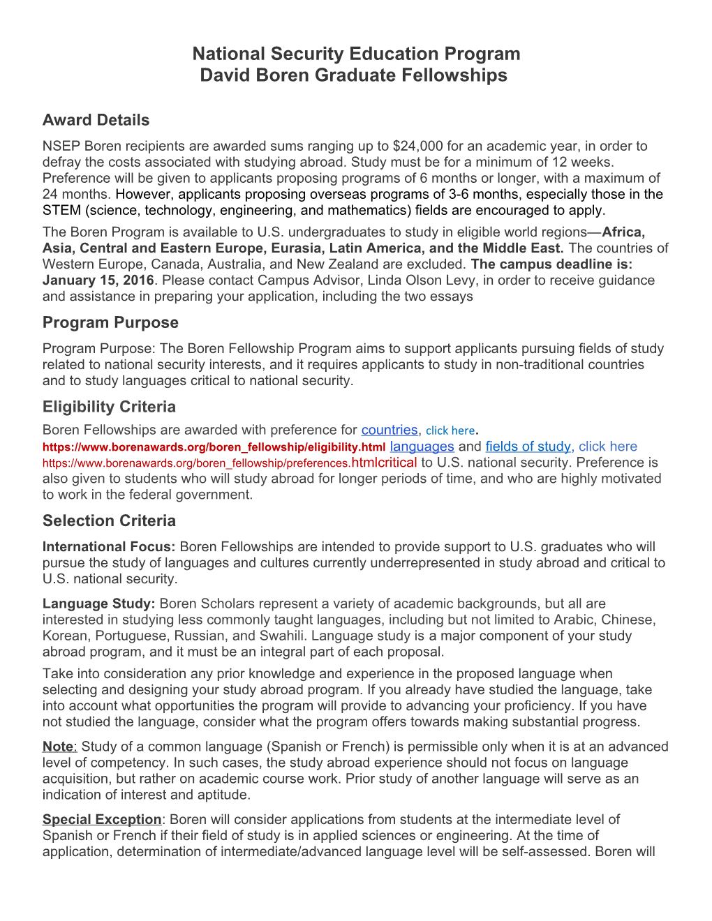 Boren Graduate Fellowship Information