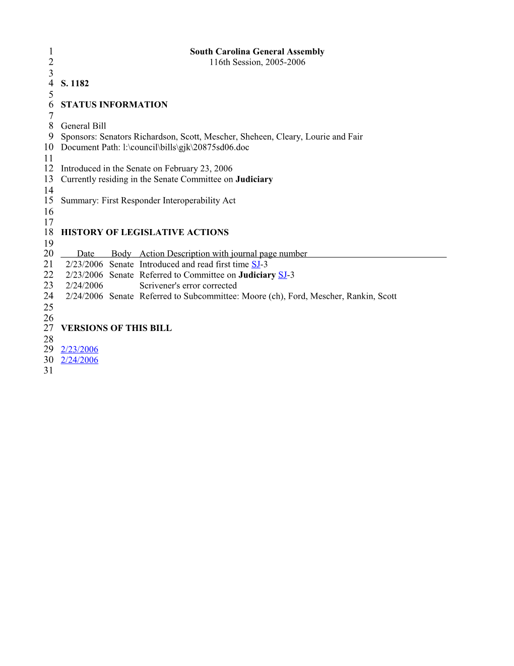 2005-2006 Bill 1182: First Responder Interoperability Act - South Carolina Legislature Online