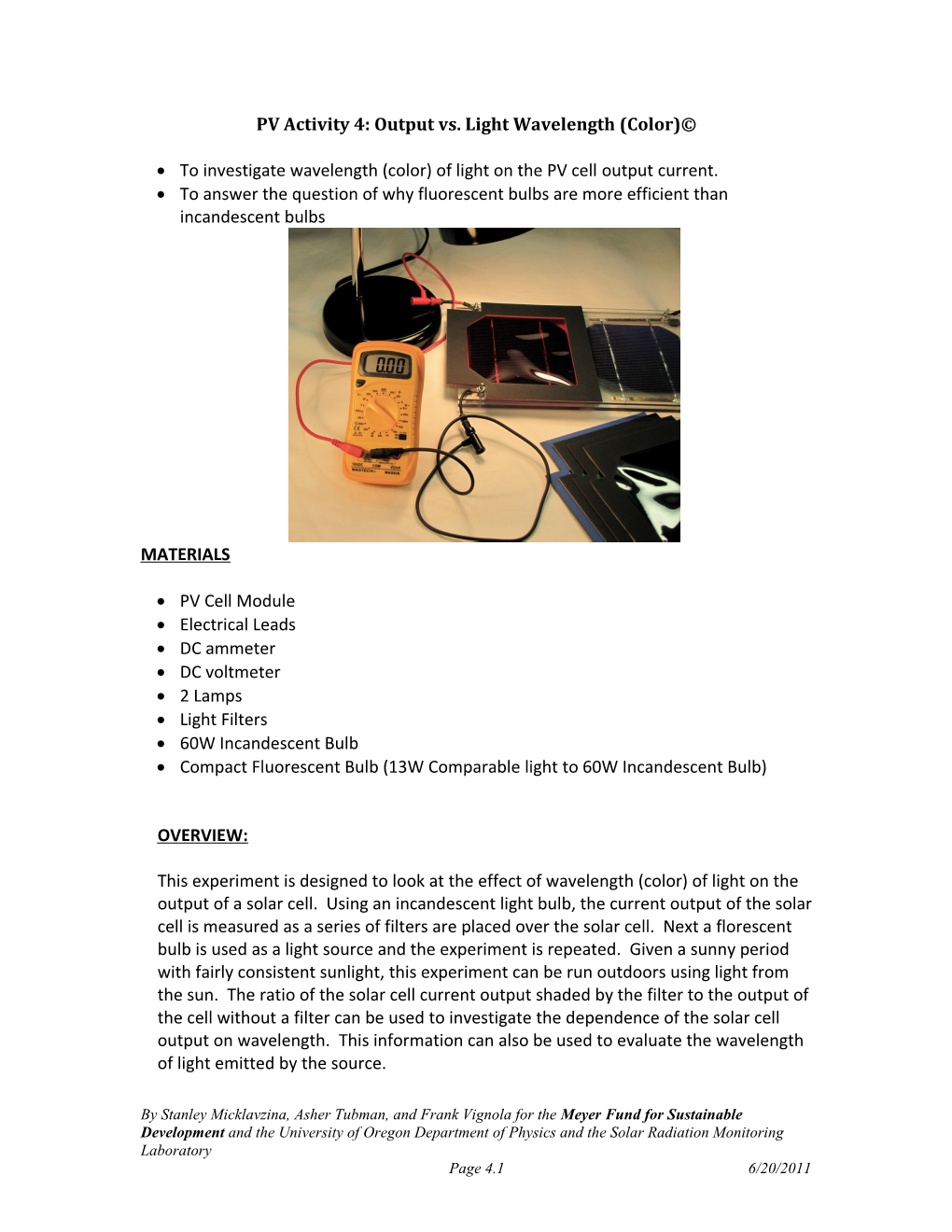 Part I Current and Wavelengths ( Color ) of Light