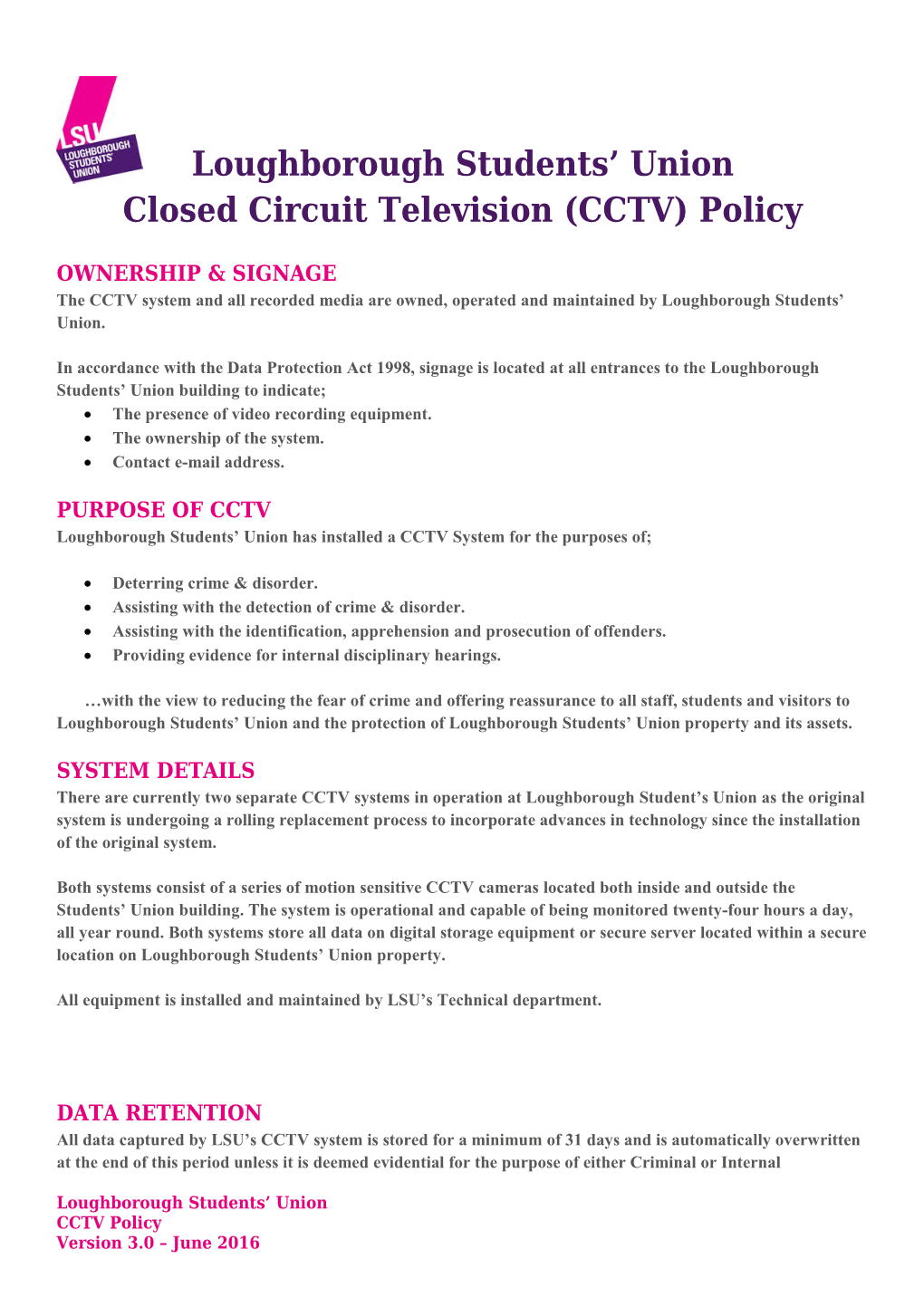 Closed Circuit Television (CCTV) Policy