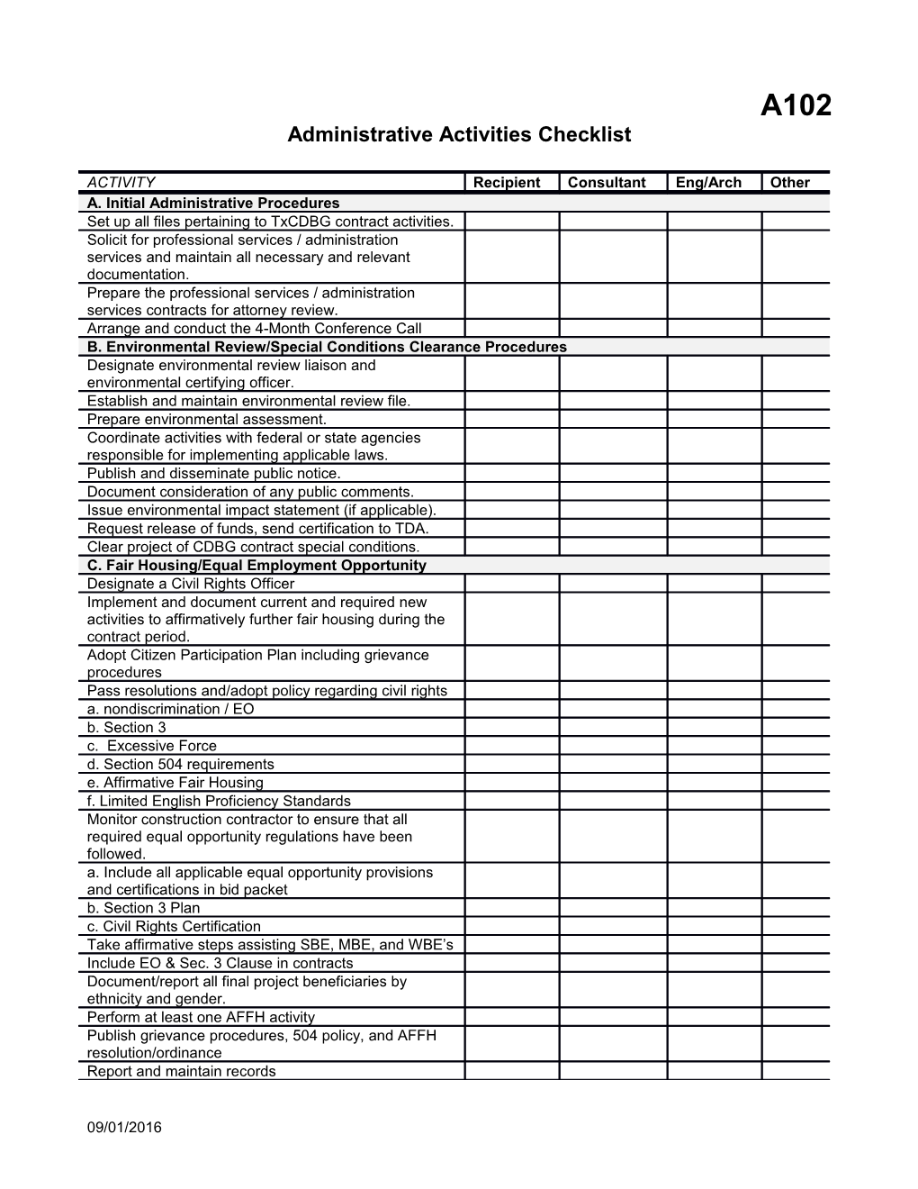 Administrative Activities Checklist