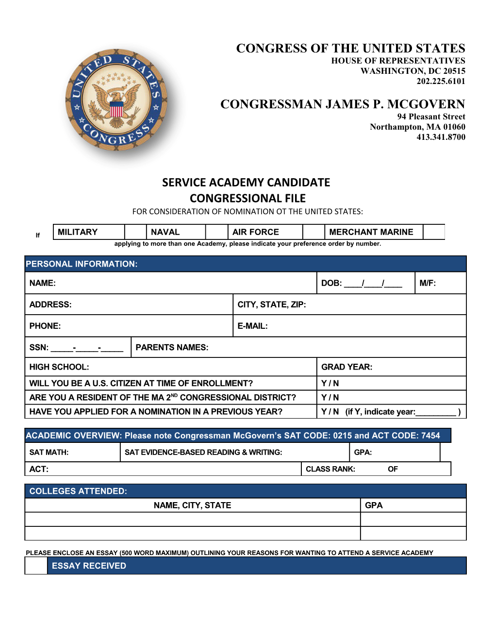 SERVICE ACADEMY CANDIDATE FILE of NAME: Page 1 of 5