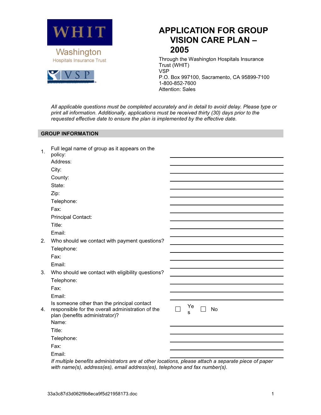 VSP Application for Group Vision Care