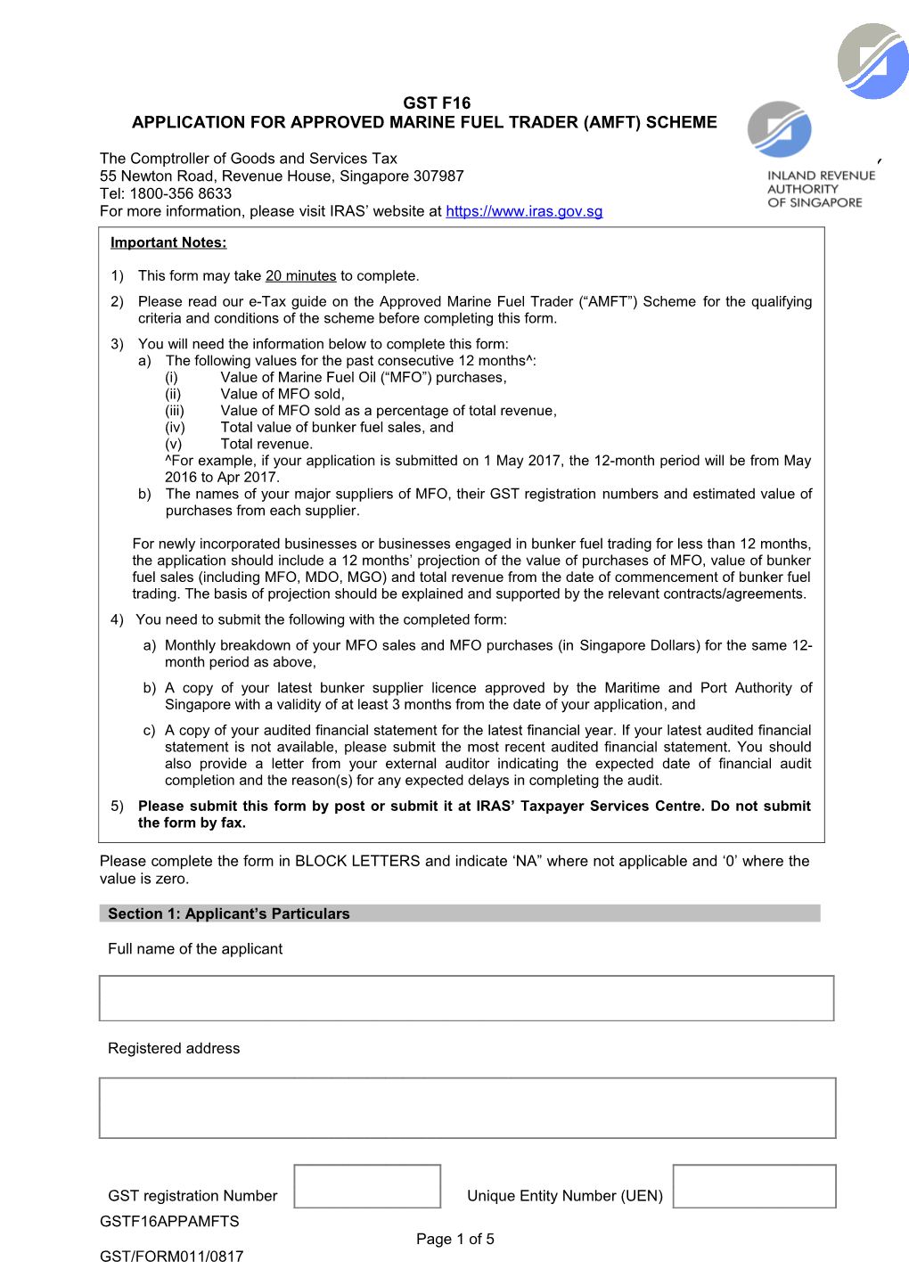 Application for Approved Marine Fuel Trader (Amft) Scheme