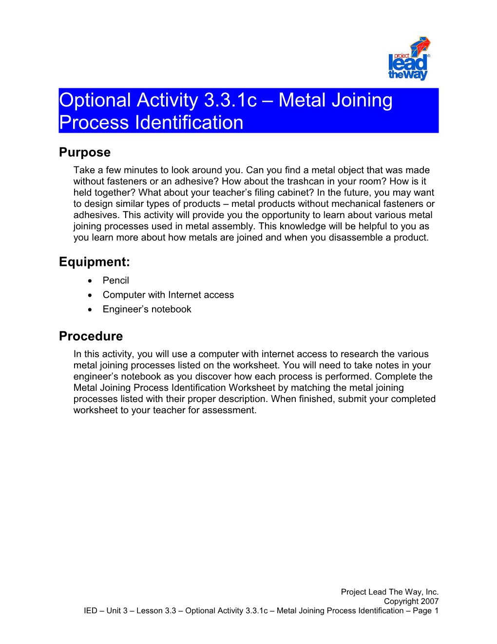 Activity 3.3.1C: Metal Joining Process Identification