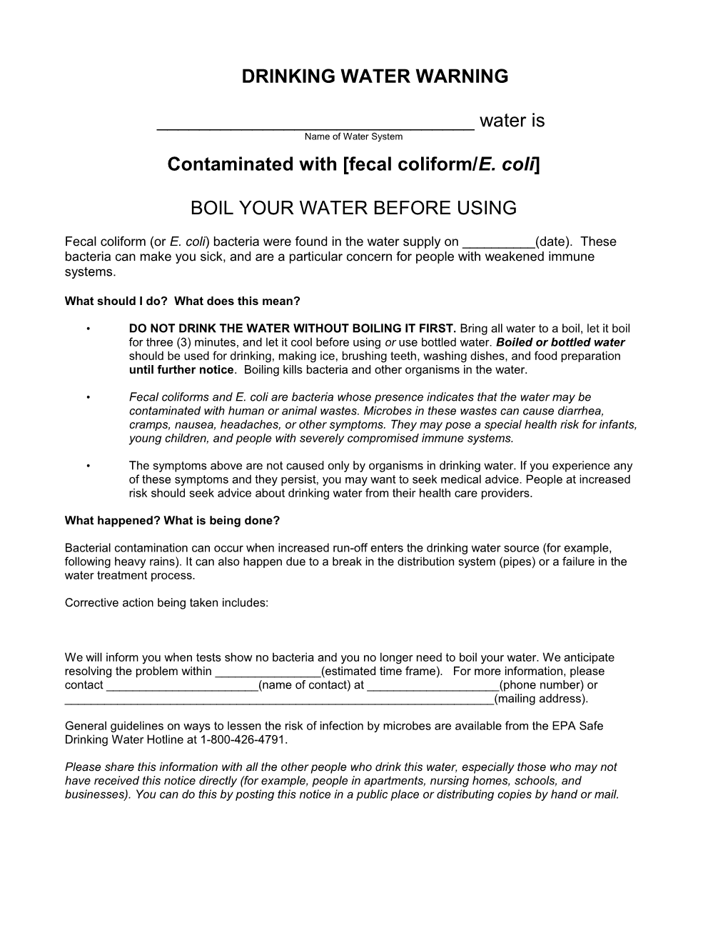 Contaminated with Fecal Coliform/E. Coli