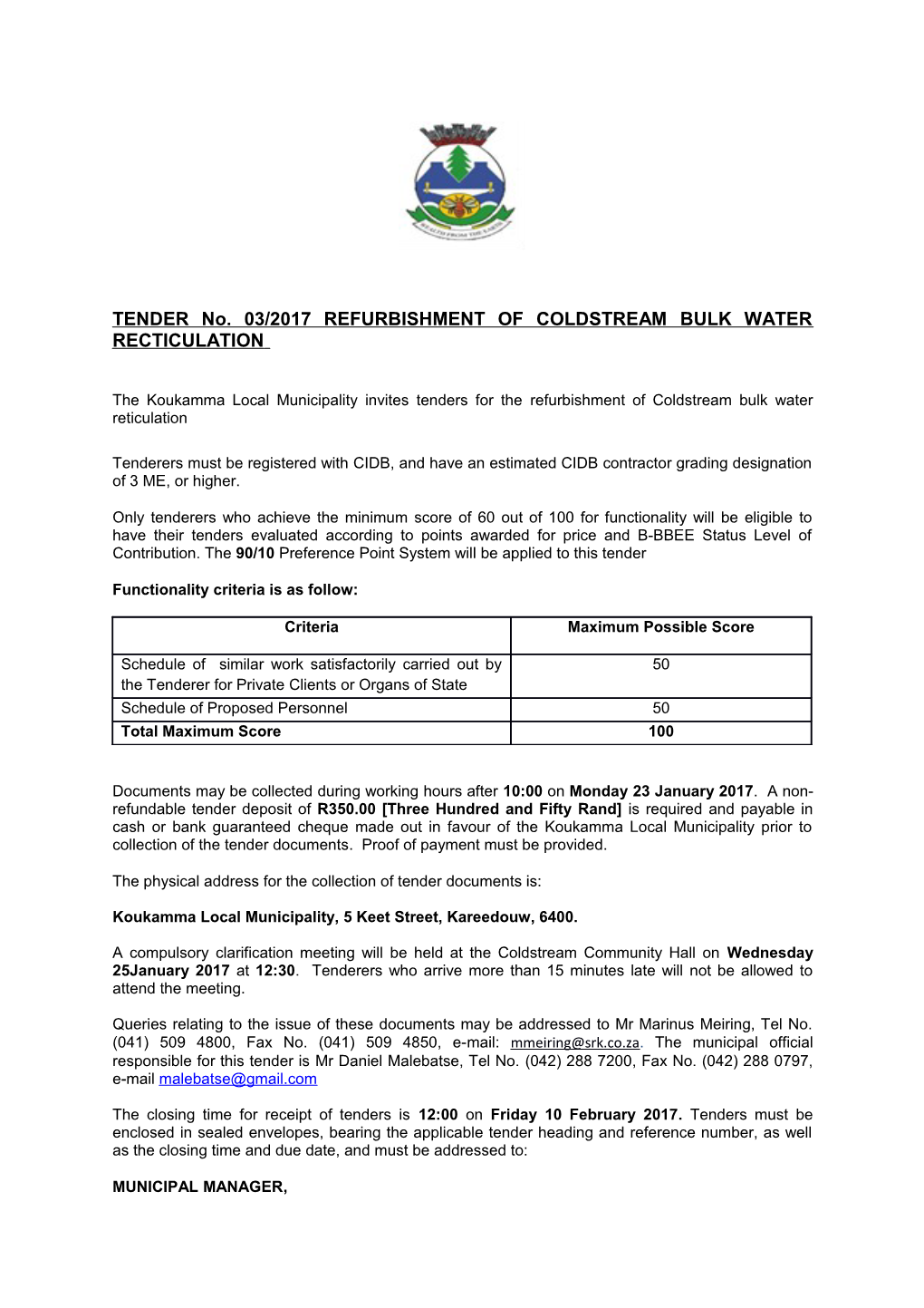 TENDER No. 03/2017 REFURBISHMENT of COLDSTREAM BULK WATER RECTICULATION