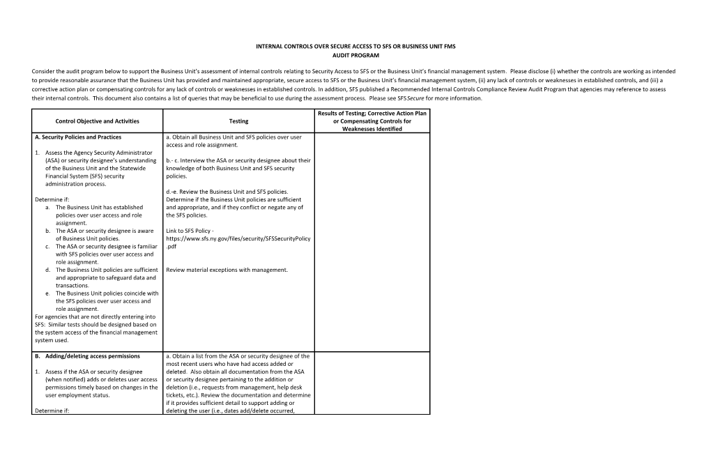 Internal Controls Over Secure Access to Sfs Or Business Unit Fms