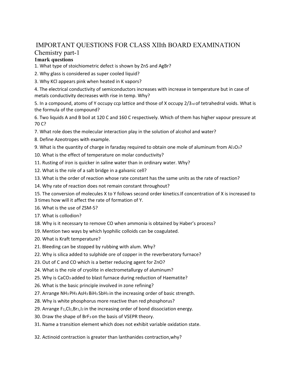 IMPORTANT QUESTIONS for CLASS Xiith BOARD EXAMINATION