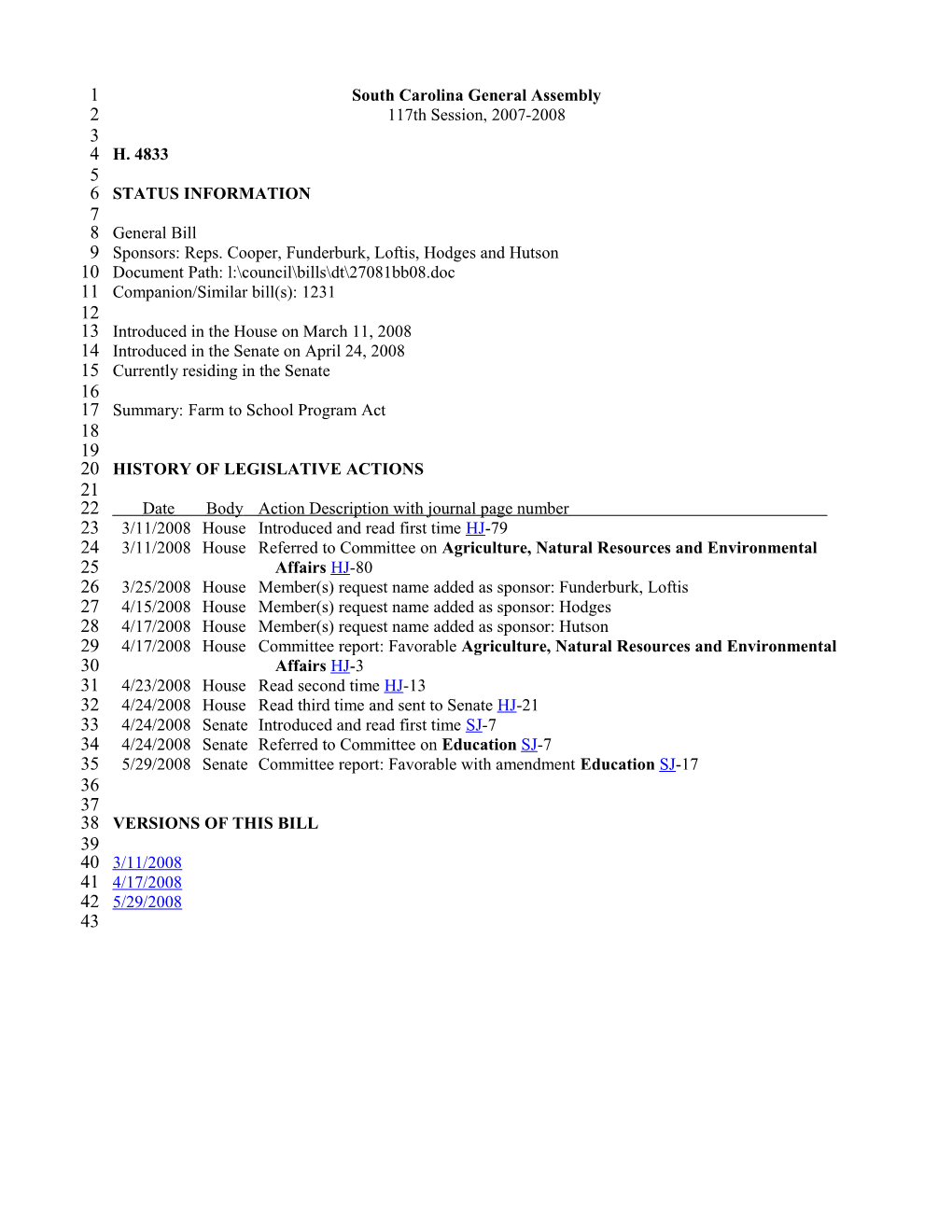 2007-2008 Bill 4833: Farm to School Program Act - South Carolina Legislature Online