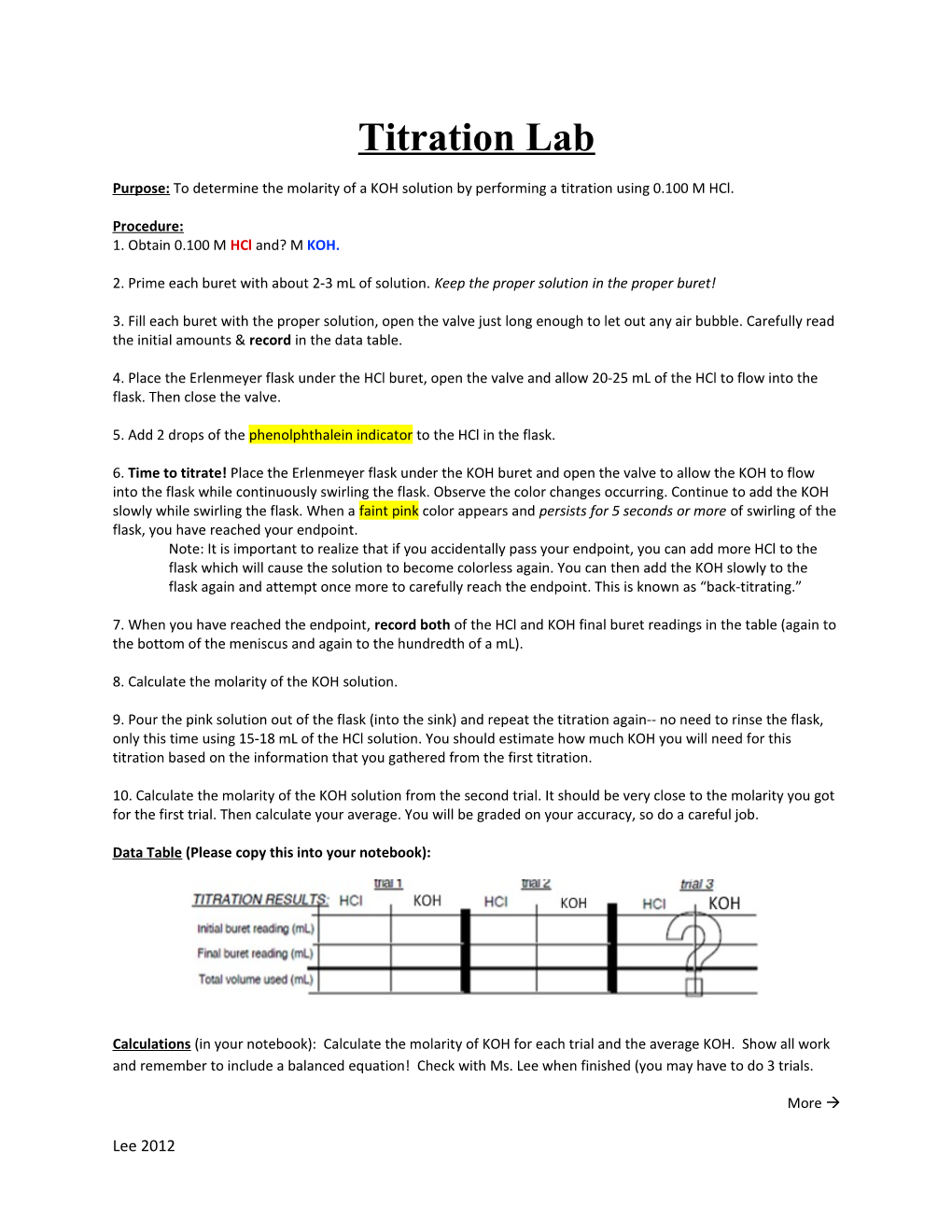 Purpose: to Determine the Molarity of a KOH Solution by Performing a Titration Using 0.100