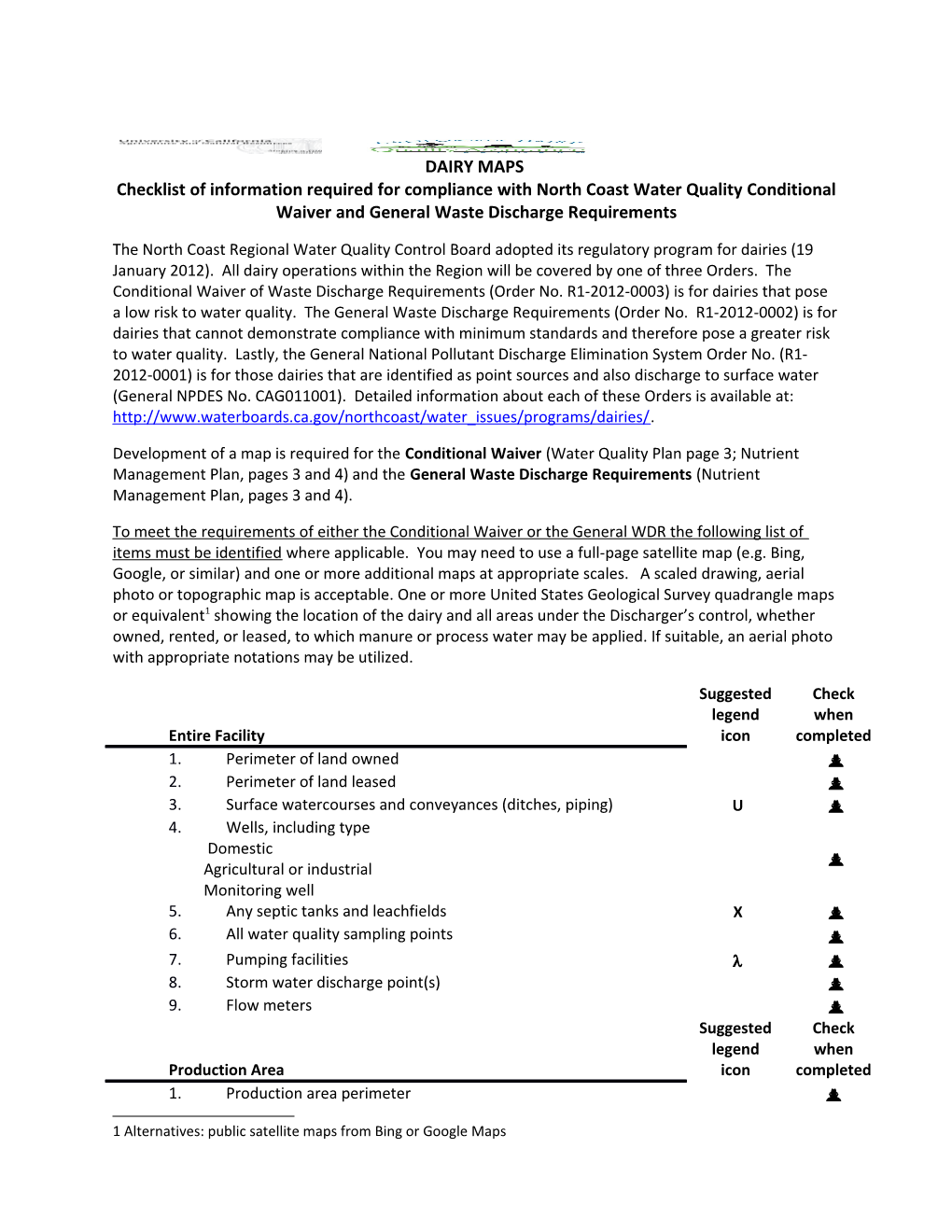 Checklist of Information Required for Compliance with North Coast Water Quality Conditional