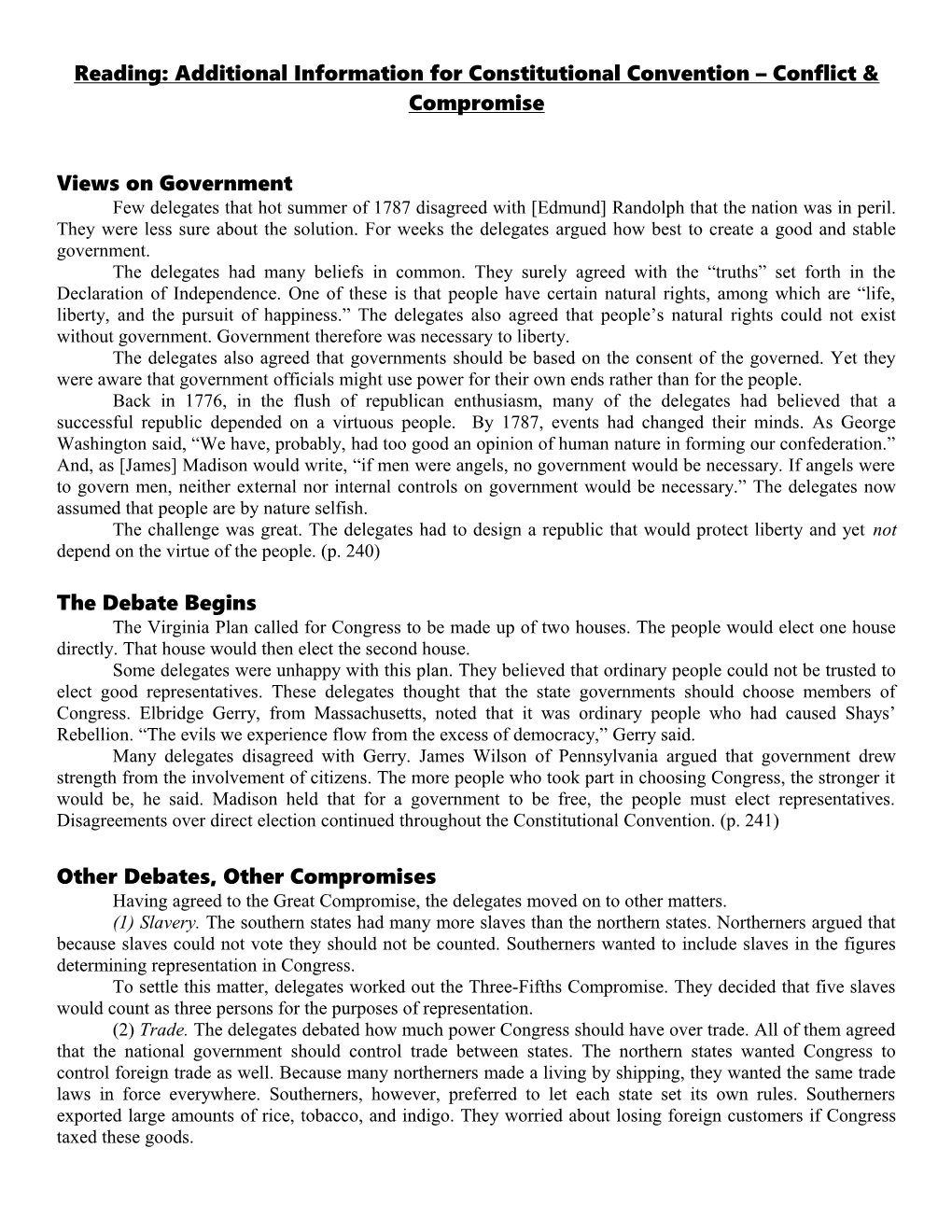 Reading: Additional Information for Constitutional Convention Conflict & Compromise