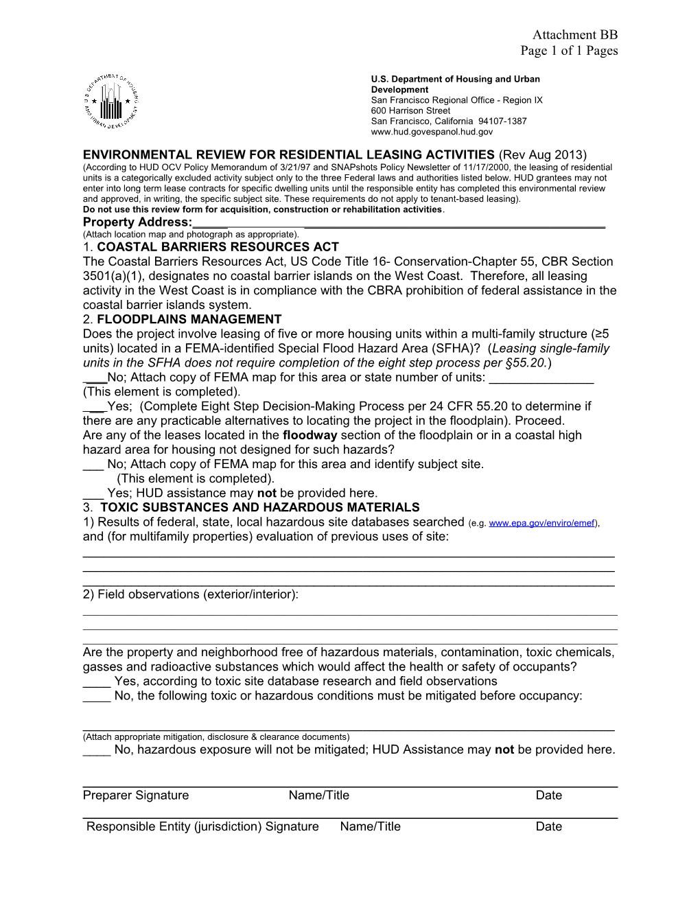 ENVIRONMENTAL REVIEW for RESIDENTIAL LEASING ACTIVITIES (Rev 9/05)