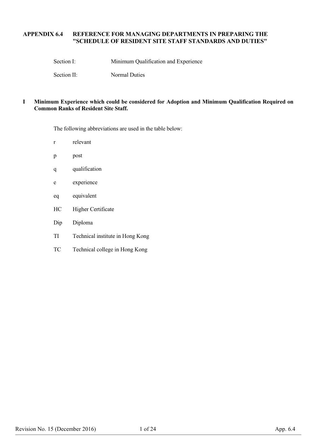 Schedule of Resident Site Staff Standards and Duties