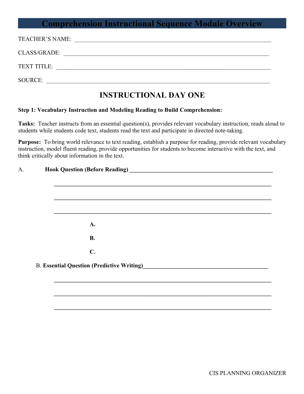 Comprehension Instructional Sequence