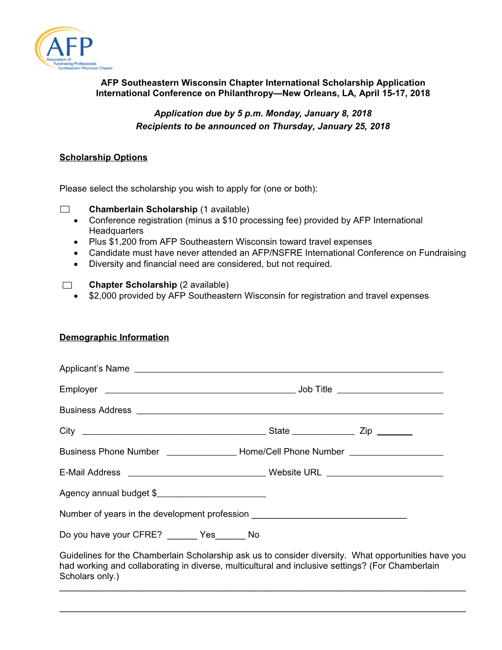 AFP Southeastern Wisconsinchapter International Scholarship Application