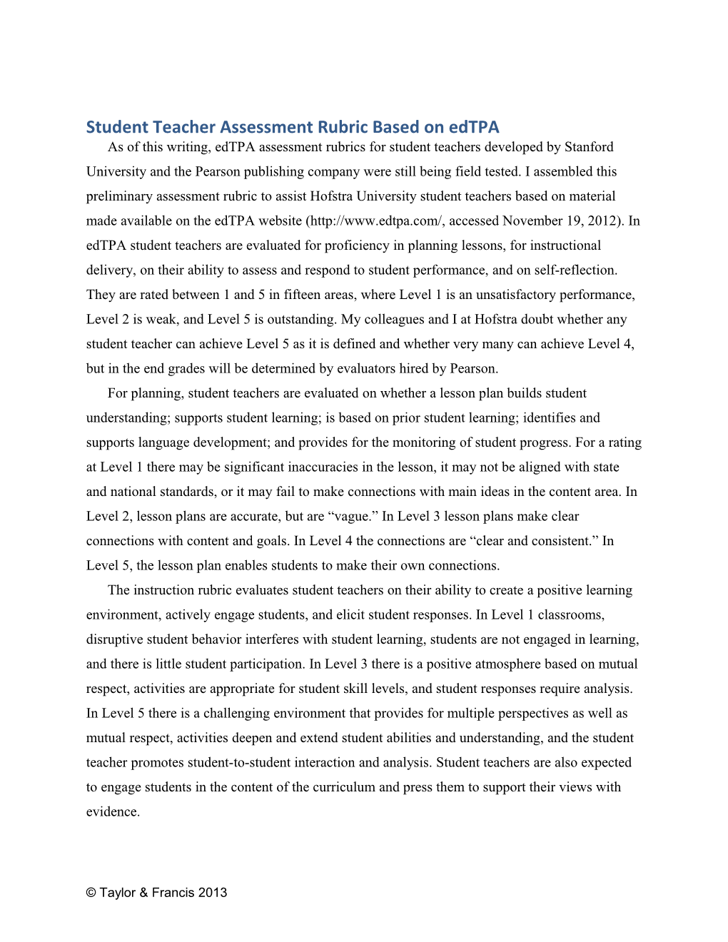 Student Teacher Assessment Rubric Based on Edtpa