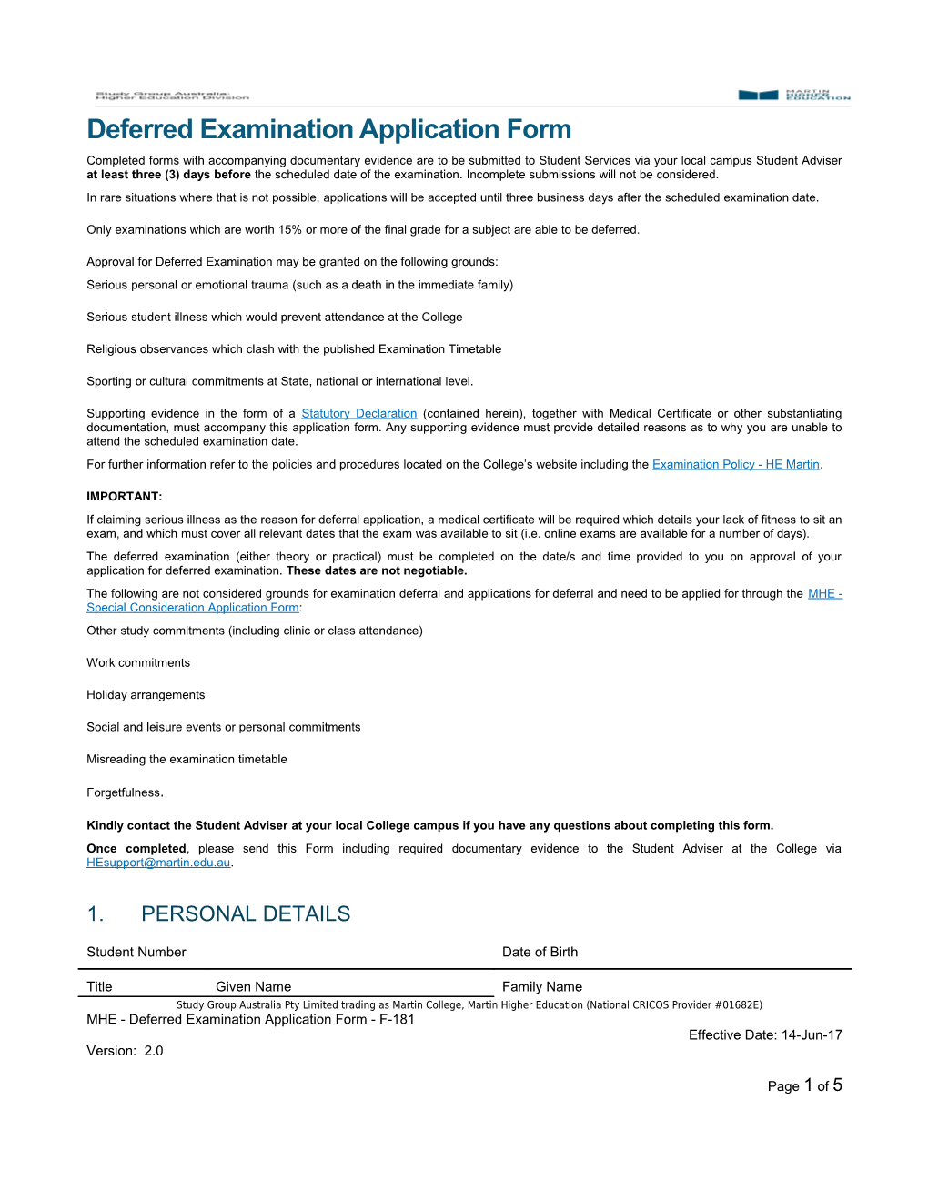 MHE - Deferred Examination Application Form